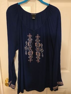 New Directions Navy Embroidered Boho Peasant Top